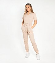 Justyouroutfit Stone Ribbed Collared Drawstring Jumpsuit